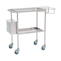 Stainless steel dressing trolley: Two trays, waste bucket and support for bottles